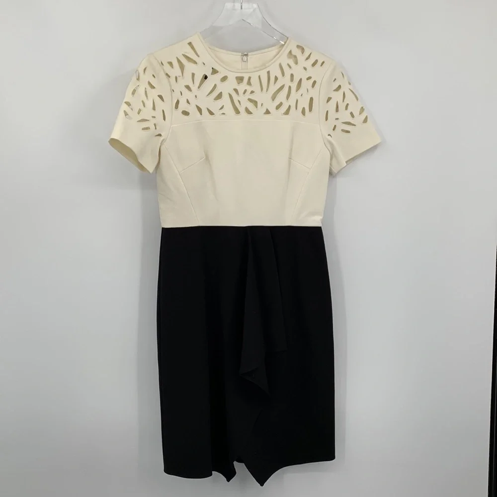 4C colorblock shift dress black cream laser cut cut-out knit ruffle women 8